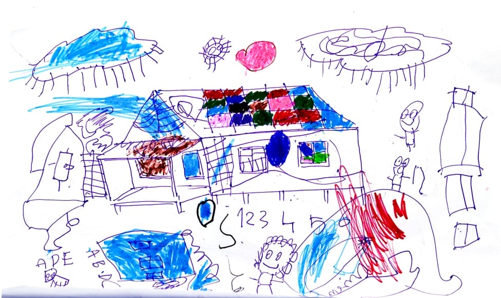 A drawing of a four year old child, there are houses, people, numbers 1 2 3 4 5 6 and the ABCDE alphabet